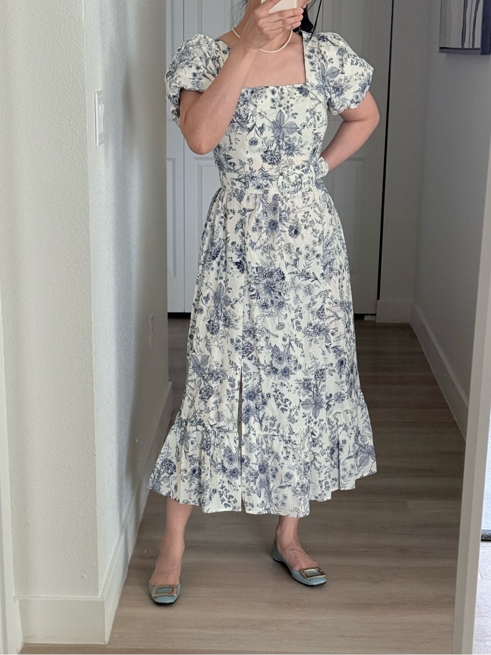Floral Square-Neck Midi Dress in Blue and White